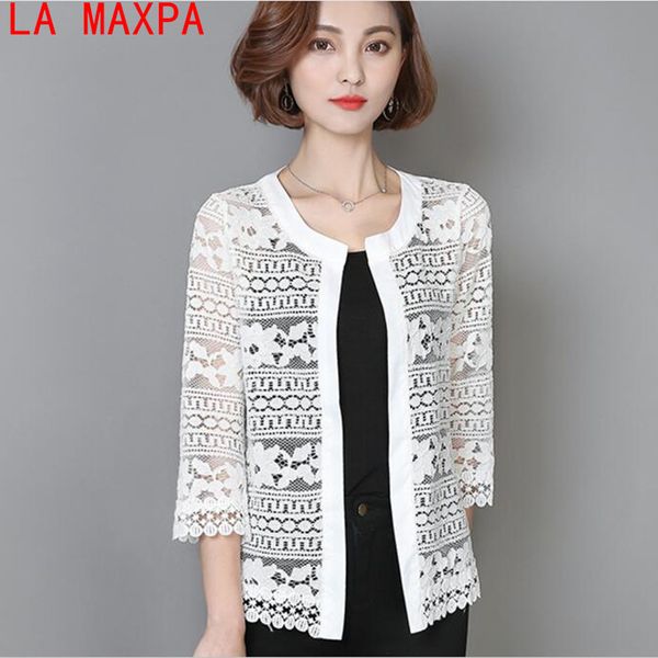 La MaxPa 2018 New Spring 5XL Plus Size Wome Abbigliamento Donna Camicetta di pizzo bianco Cardigan Camicetta femminile sexy all'uncinetto nera