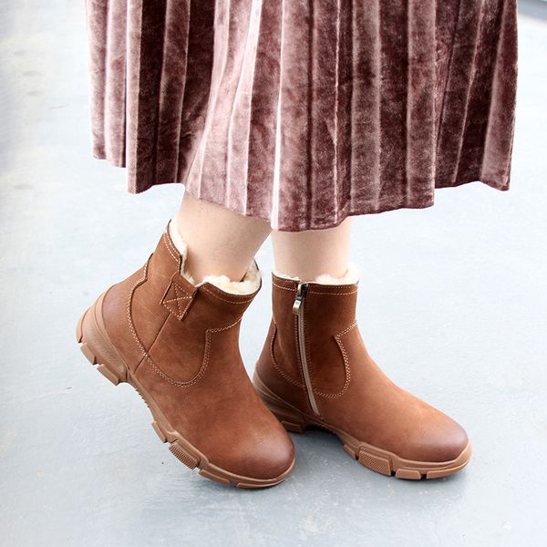 

leather short boots women' s ankle shoes new arrival natural leather durable lady footwear handmade female winter wool booties, Black