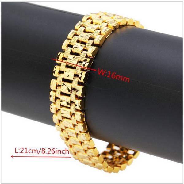 

18k gold plated men's link bracelet carving wristband 16mm 8 inch, White