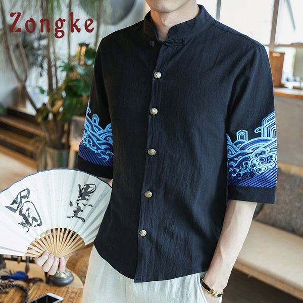 

kuangnan chinese style men shirt casual streetwear men shirt short sleeve 5xl cotton linen shirts clothes 2018 summer, White;black