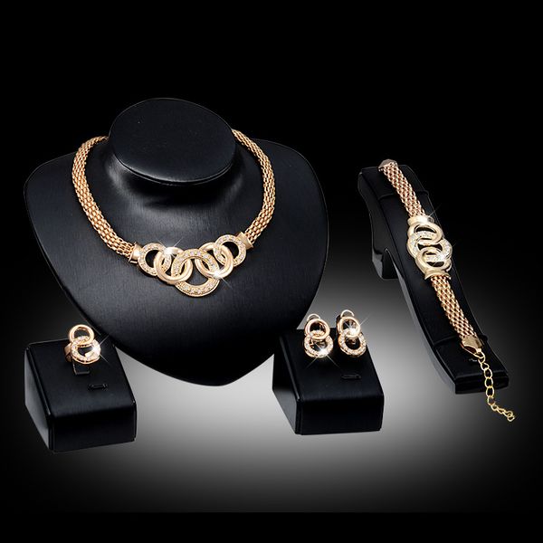 

bracelets necklaces earrings rings sets women fashion rhinestone 18k gold plated alloy circles party jewelry 4-piece set wholesale js010, Slivery;golden