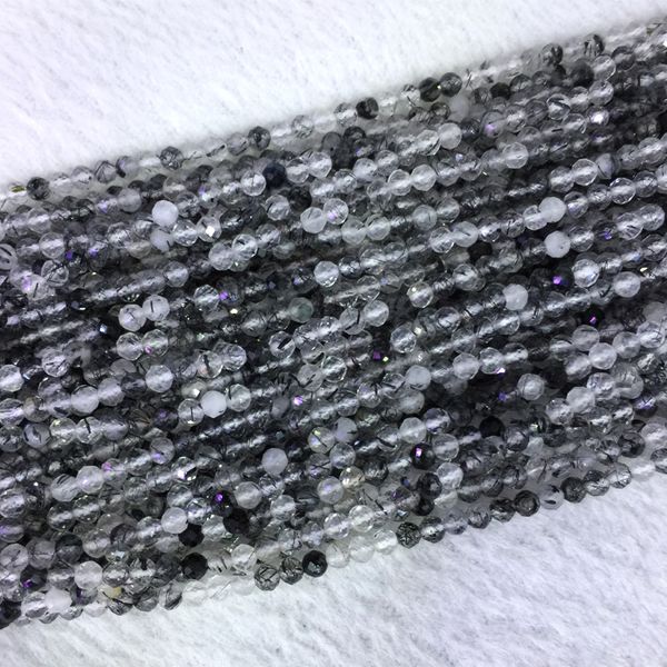 

natural genuine black hair needle rutile quartz faceted small round beads 2mm 05415