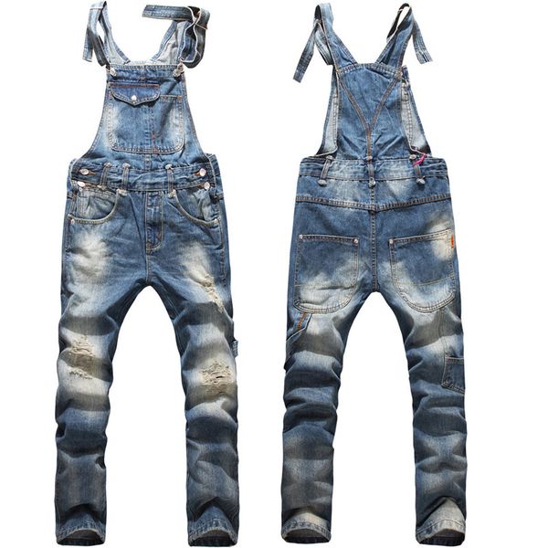 

wholesale-2018 brand fashion new mens ripped denim overalls jeans men's clothing casual distrressed jumpsuit jeans pants for man, Blue