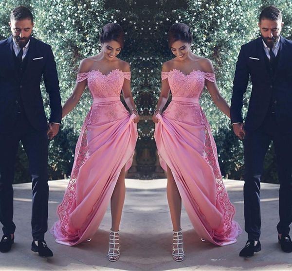 

bridesmaid dresses 2018 long weddings guest dress off shoulder pink lace 3d floral applique sash mermaid plus size maid of honor gowns, White;pink