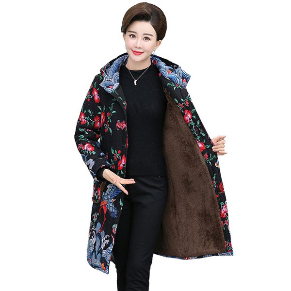 

2019 winter parkas women cotton jacket flocking thick warm coat plus size hooded female print long down cotton jackets h587, Black