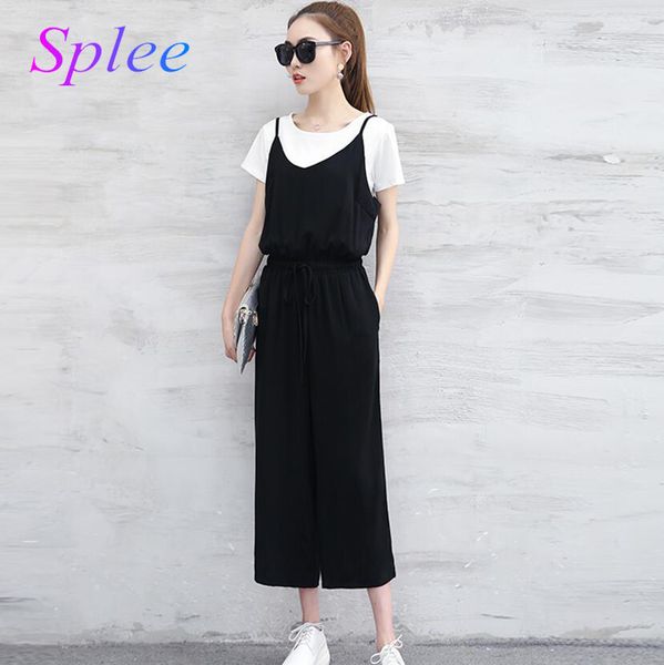 

splee rompers womens jumpsuit 2018 summer casual pockets sleeveless strap long playsuit solid loose overalls bodysuit body femme, Black;white