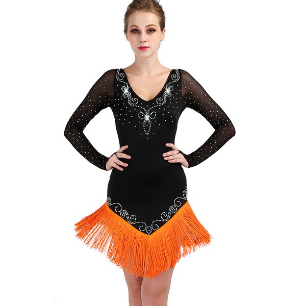 

customized latin dance dress latin competition dresses flapper d0461 long net sleeve with tassels hem bluk rhinestones, Black;red