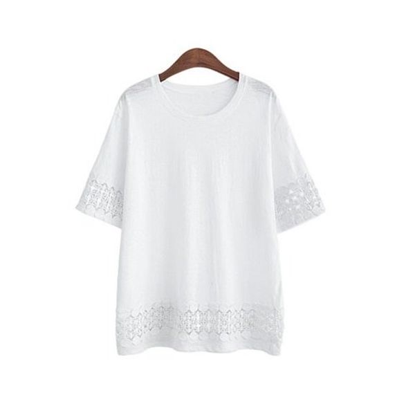 

new summer women t-shirt o-neck casual loose lace crochet embroidery hollow out tee shirt blusas big size female, White