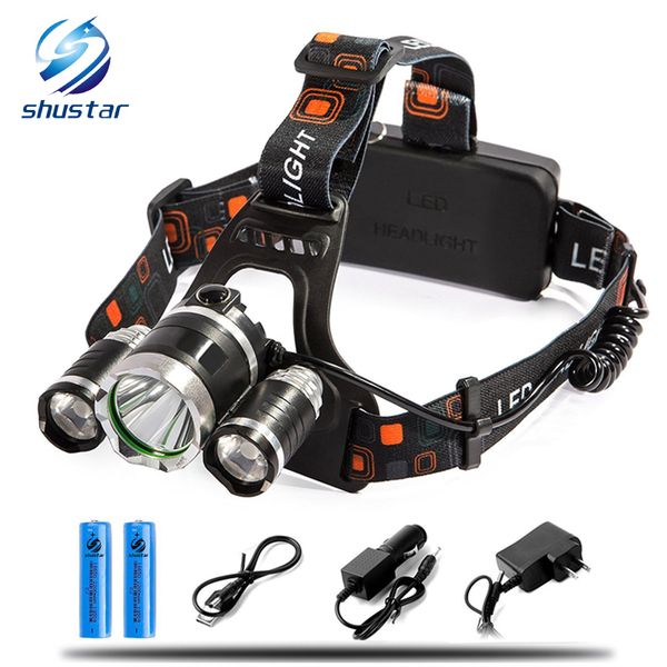 

rechargeable headlight 13000lm t6 3led headlamp head light fishing lamp hunting lantern +2x 18650 battery +car/ac/usb charger