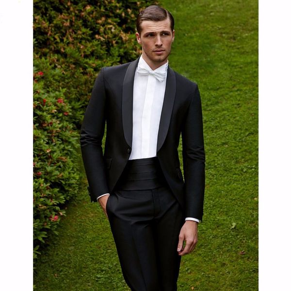 Yüksek Kalite Bir Düğmeler Siyah Damat Smokin Groomsmen Şal Yaka Best Man Blazer Erkek Düğün Takımları (Ceket + Pantolon + Kravat) H: 732
