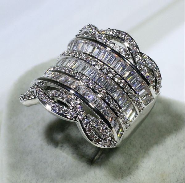 Jóias de luxo original 925 esterlina prata pilha completa 5a cúbico zirconia cz diamante anéis largamente anéis de festa de festa de festa de festa de casamento banda de dedo anel presente