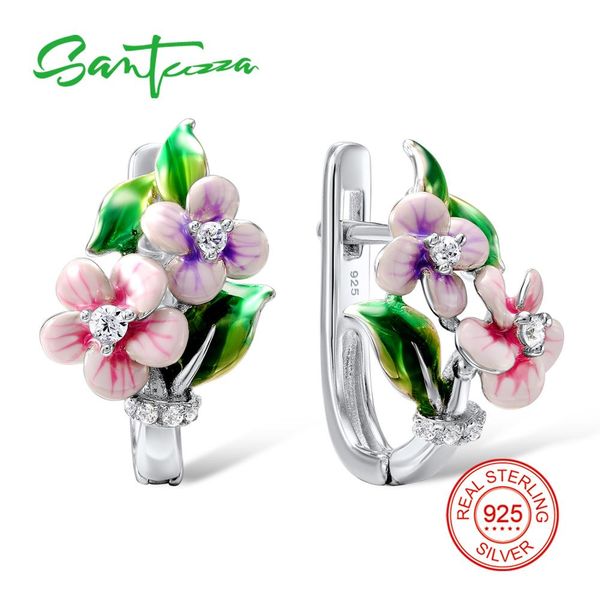 

santuzza silver pink flower earrings for women 925 sterling silver earrings shiny cubic zirconia brincos jewelry enamel