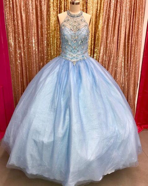 

light sky blue ball gown quinceanera dresses 2019 collar beaded crystals sleeveless organza sequins sweet 16 prom pageant gowns, Blue;red
