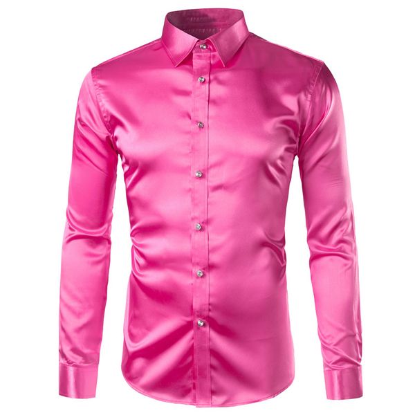 2020 New Gold Silk Satin Shirt Men Slim Fit Long Sleeve Dress Shirts ...