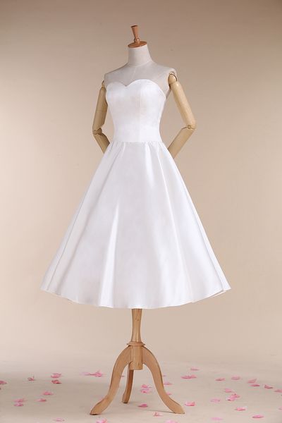 

vintage satin wedding dresses tea length wedding dresses strapless sweetheart ivory wedding dresses corset back rll046, White