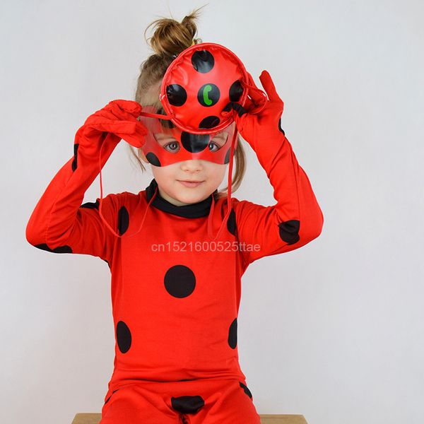 

cosplay costumes 3 pcs jumpsuit mask bag for kids and full lycra suit lady bug kids halloween, Black;red