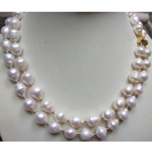 

2 row 11-13mm white baroque natural south sea pearl necklace 14k yellow clasp, Silver