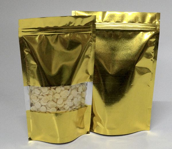 Golden Stand up bolsa con cierre de cremallera de papel de aluminio con ventana transparente, bolsa de plástico con cremallera que se puede volver a cerrar Bolsa de embalaje de almacenamiento de alimentos