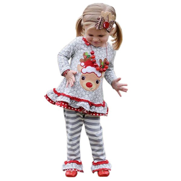 

cute girl christmas deer set cartoon pattern pants set for 1-6years girls children fashion clothing set, White