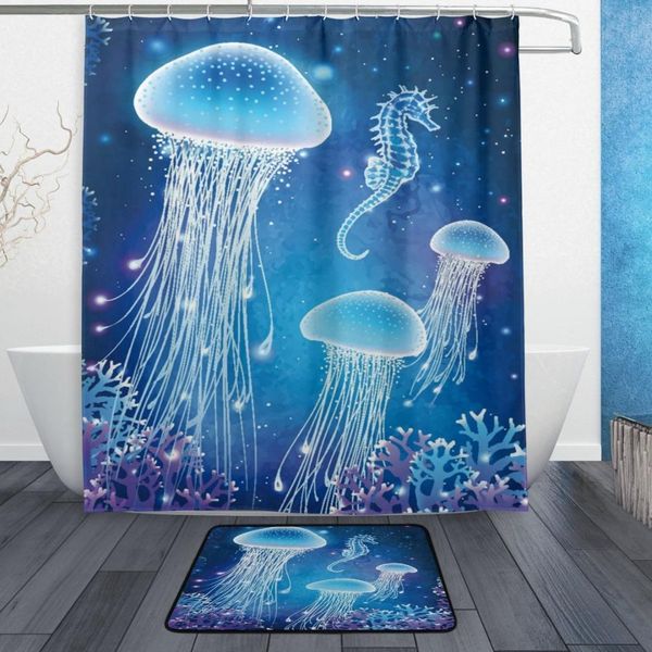 

ocean sea creature shower curtain and mat set, magic glowing jellyfish seahorse underwater world waterproof fabric