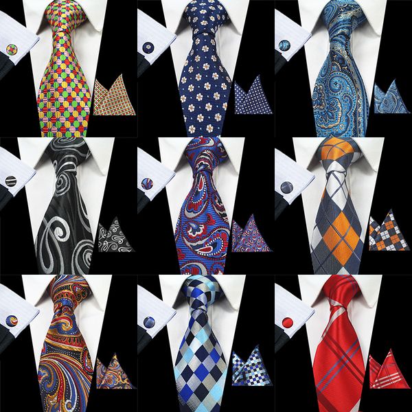

rbocott 8cm silk jacquard woven mens plaid tie red paisley tie hanky cufflinks set classic brown neck ties for wedding business, Blue;white