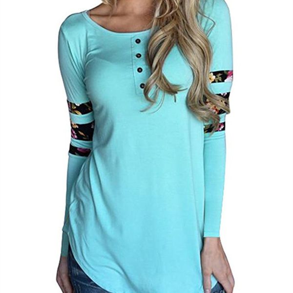 

5 colors new autumn women t-shirt stripes printed long sleeve front buttons tee shirt tunic female long t-shit tees d830544, White