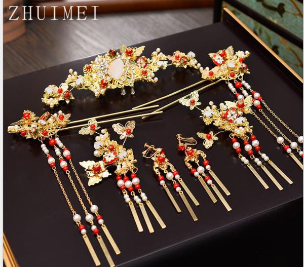 

bridal headwear, chinese hair ornament, butterfly wedding costume wedding dragon, phoenix gown, phoenix crown, fringed hairpin accessories, Slivery;golden