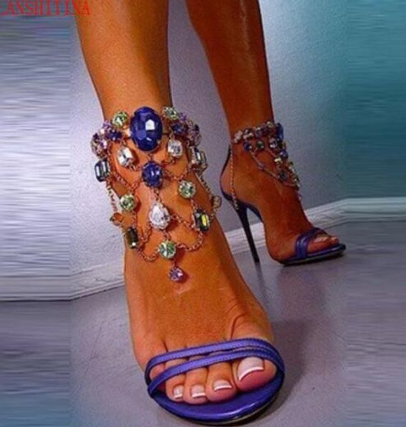 

Blue diamond Sandals 2018 glitter Rhinestone Sandals Summer open toe celebrity Wedding Shoes Woman Sandalias Mujer