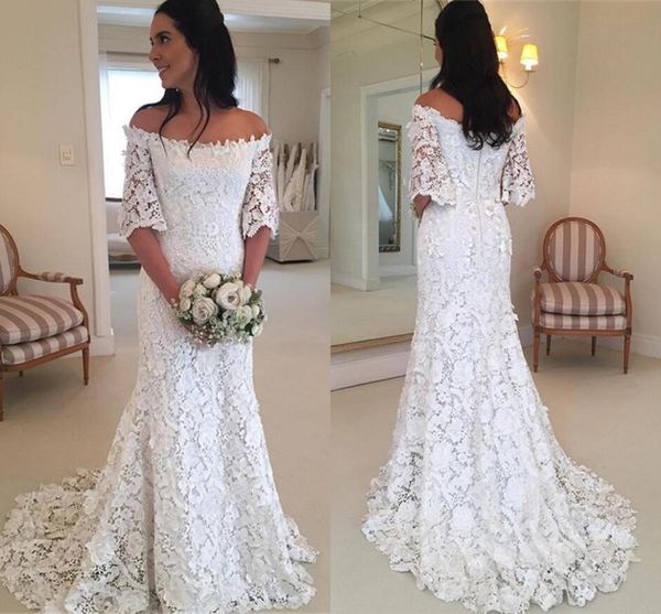 

romantic lace mermaid wedding dress off shoulder with illusion half sleeves wedding gowns plus size custom made for bride, White