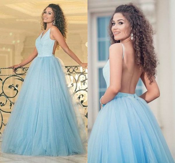 Ball Gowns Cheap Prom Dresses Light Sky Blue Sequined Top Tulle