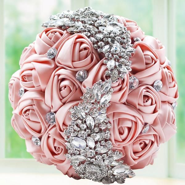 

2018 new blush crystal brooch wedding bouquet wedding accessories bridesmaid artifical satin flowers wedding flowers bridal bouquets
