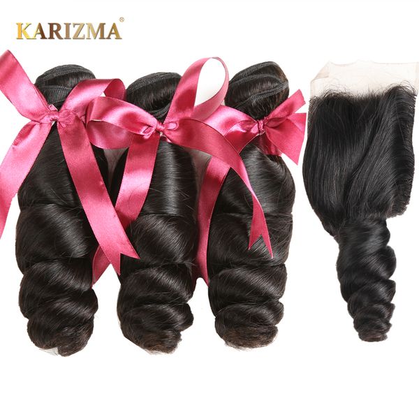 

karizma brazilian loose wave bundles with closure 3 pcs weft & 1 pc closure 4x4 part non remy 100% human hair extension, Black;brown