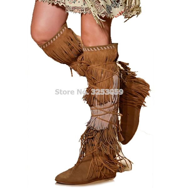 

almudena classic brown blue sude fringe knee high boots lace-up low heel drape tassel shoes long boots celebrity gladiator shoes, Black