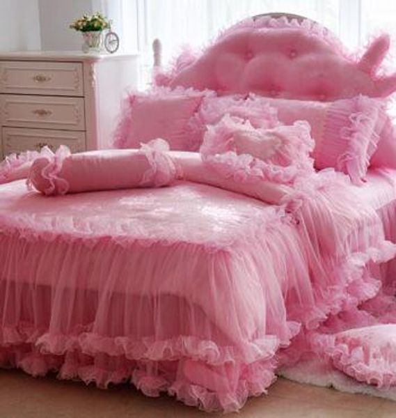 

bedspread lace 8 pieces set pink red violet pure cotton satin jacquard princess wedding bed dreambed bedding