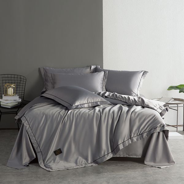 Queen King Size Gray White Blue Washed Silk Bedding Set Bed Sets