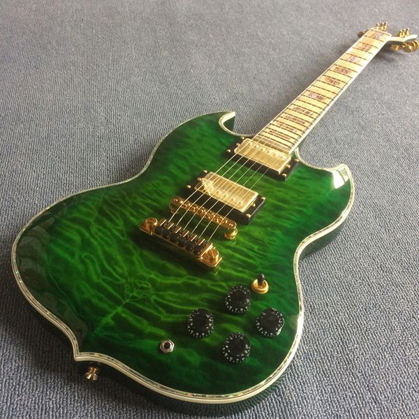 

sg electric guitar,solid mahogany,green burst color,maple finger board,real abalone inlay,ing