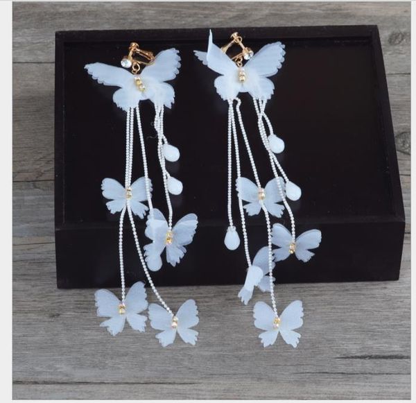 

korean handmade crystal beads, bridal earrings, butterfly fabric accessories, long sen sen xian air earrings, Slivery;golden