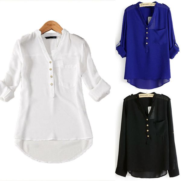 

aleobonway 2018 women's lady shirt loose long sleeve chiffon casual solid v-neck fashion blouse cl103, White