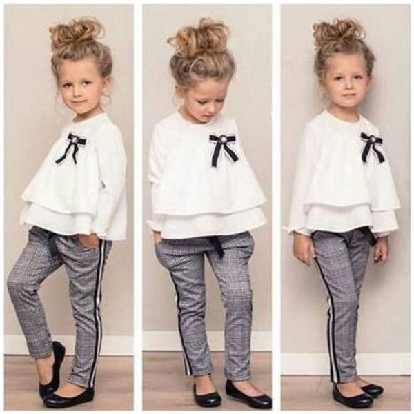 

fashion kids baby girls clothes set chiffon t-shirt+trousers pants 2pcs clothes outfits, White