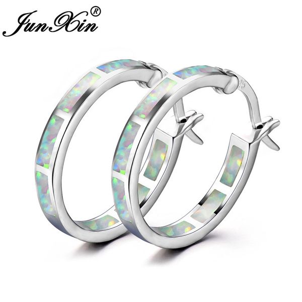 

junxin white fire opal hoop earrings for women 925 sterling silver rainbow stone round circle earrings 2018 new female jewelry, Golden;silver