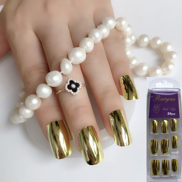 

24pcs/kit gold mirror nails false nails uv flat head point metallic acrylic nail tips easy for daily wear, Red;gold