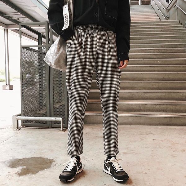 

2018 korean autumn men's fashion chic black and white lattice pants elastic waist self-cultivation casual trousers m-2xl