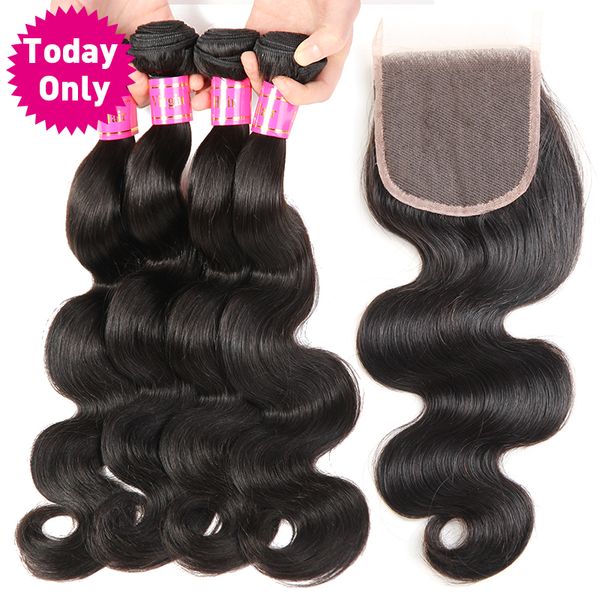 

today only] brazilian body wave 3 bundles with closure 100% human hair bundles lace closure with baby hair non remy weave, Black;brown