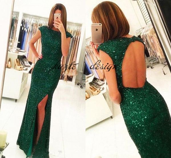 

изумрудно-зеленый блестки пром платья 2018 оболочка длинные вечерние платья кепка рукава сплит платья для вечеринок длина пола vestido de fe, Black