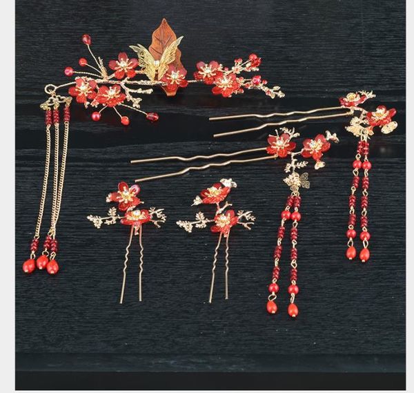 

cheongsam accessories, brides, ancient costumes, hairpins, headwear, chinese ethnic fringed ornaments, red crystal hair accessories, Slivery;golden