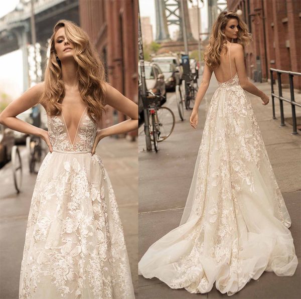 Bella A Line Illusion Berta Abiti da sposa Sexy Plugging 3D Floral Country Bohemian Abiti da sposa Economici Backless Train robe de mariée