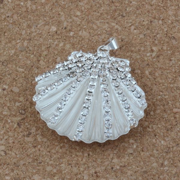 Rhinestones Shell Charms Pendants For Jewelry Making Necklace DIY Accessories Silver Plated 34x42mm 10Pcs