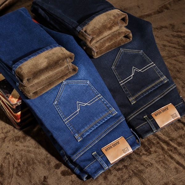 

2018 winter youth plus velvet jeans men's business warm straight large size jeans slim-fit solid color pants streetwear, Blue
