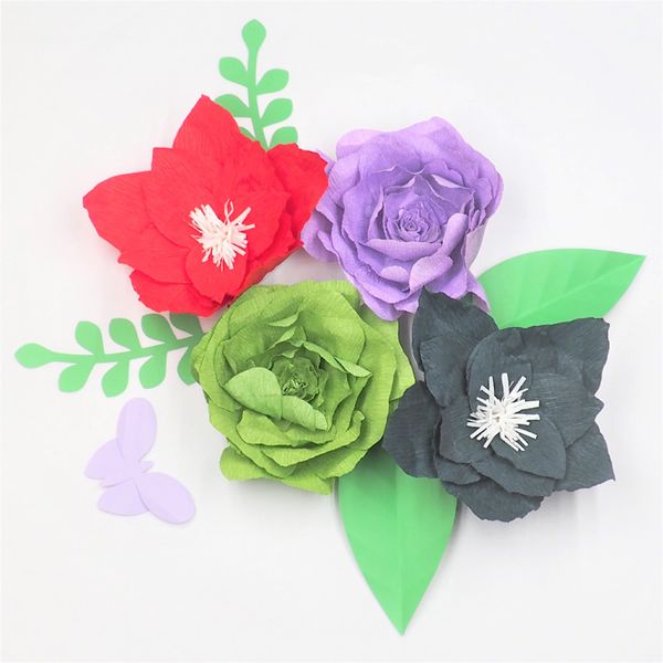 

4PCS Large Crepe Paper Flowers Backdrop + 4PCS Leaves + 1 Piece Butterfly For Wedding & Event Retail Store Home Decoration