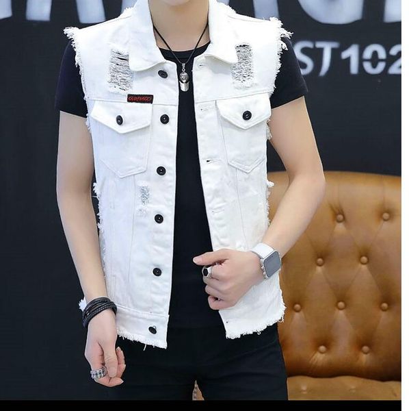 

2018 new men's personality denim hole hip hop vest male korean sleeveless denim retro vest, Black;white